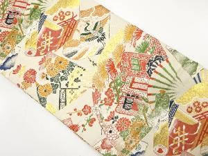 アンティーク　扇に御所車・巻物・草花模様織り出し丸帯（着用可）